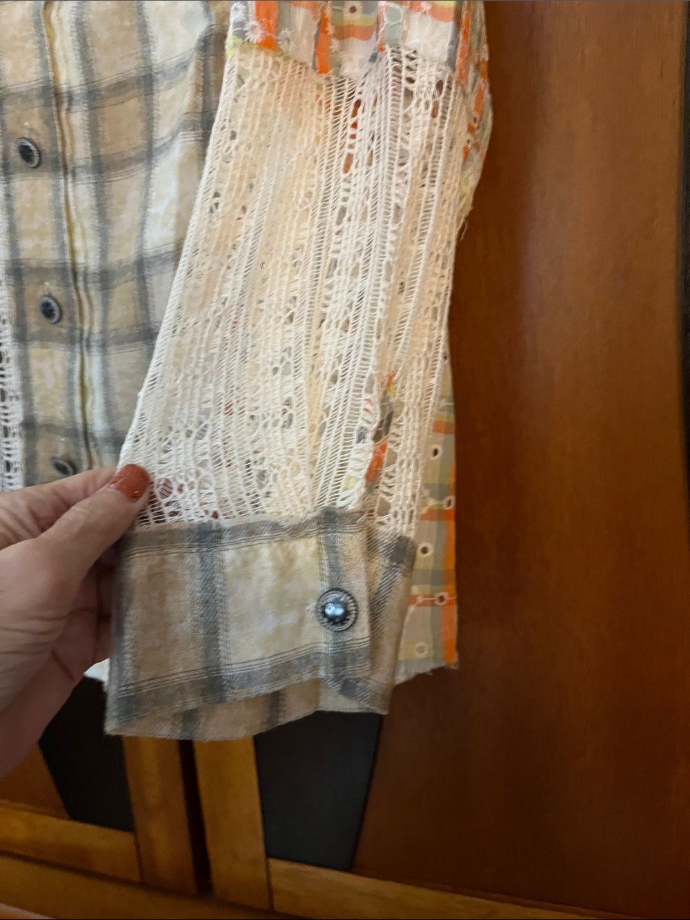 POL Plaid & Lace Patchwork Button-Up Shirt - Beige-Orange-Cream w/Open Lace - Picture 9 of 14